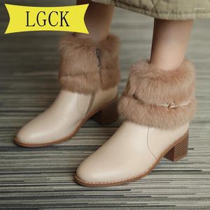 Stivali di grandi dimensioni 34-40 alla caviglia da donna invernali in vera pelle da neve marca tacco spesso scarpa calda per capelli veri da donna
