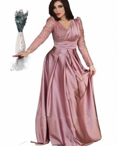 Elegant Pink Satin Sequin Evening Dres V-Neck A-Line LG ärmar Arabiska backl Prom Wedding Party klänning Vestidos de Gala S9RP#