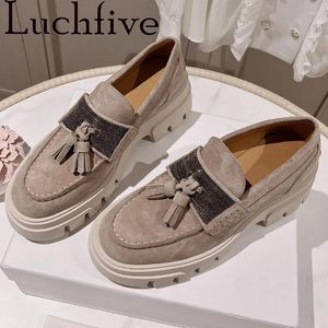 Casual Shoes 2024 Suede Fringe Decorate Platform Flats Women Slip On Round Toe Thick Sole Loafers Retro