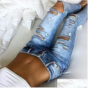 Women'S Jeans Fashion Womens Destroyed Ripped Died Slim Denim Boyfriend Y Hole Pencil Trousers Drop Delivery Apparel Clothing Dha18