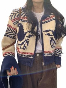 Mulheres Cardigan De Malha Impressão Vintage Camisola Feminina Outono Inverno Chic Cropped Jumper Senhoras Coreano Fi Zipper Cardigans D0Zw #