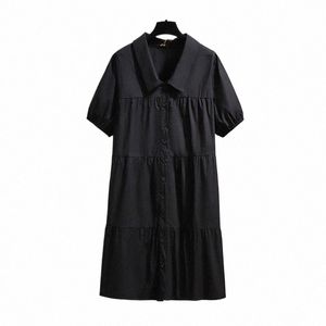 150kg Plus Size Women's Summer Loose Cott Short Sleeve A-Line Dr Bust 152cm 5XL 6XL 7XL 8XL 9XL Lapel Butt Dr Black w9G7#