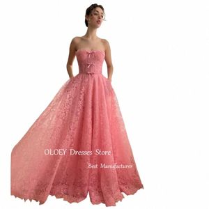 oloey Elegant Blush Pink Full Lace Evening Dres Wedding Party Strapl Bowknot Floor Length Prom Gowns Formal Ocn Dr y5uG#