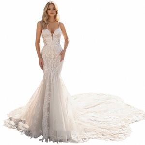 haohao 2024 Charming Mermaid Wedding Dres Bride Backl Beadings Tulle V-Neck Appliques Lace Custom Made Vestidos De Novia B2VS#