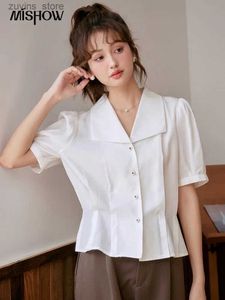 Women's T-Shirt MISHOW Bubble Sleeve Chic French Shirt for Women 2023 Summer Short Sleeve Single Breasted Turn-down Collar Solid Tops MXC39C006924329