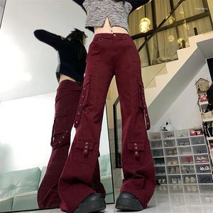 Damen Jeans Trashy Y2K 2000S Streetwear Weinrot Baggy Flare Cargohose für Frauen Kleidung Multi Taschen gerade Damenhose Ropa