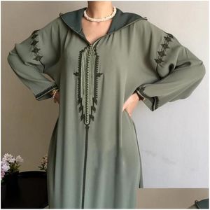 Ethnic Clothing Abaya For Women Dubai Middle East Arab Hooded Jellaba Ramadan Eid Loose Robe Green Long Sleeves V-Neck Drop Delivery A Otnzi