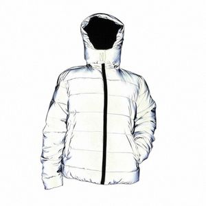 winter Warm Reflective Jacket Coat Women Men Thick Cott Padded Outwear Night Jogger Hooded Parka Big Size Hip Hop Streetwear B6GT#