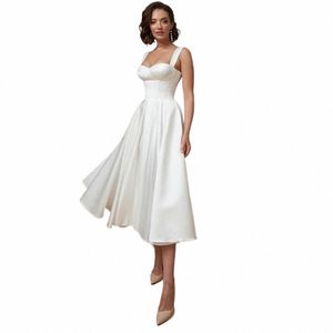 fdhaolu LO2045 Custom Made Simple Evening Dres Senza spalline Prom Party Dr Bianco Tea-Length Abiti da sposa Lace-Up Back O2tP #