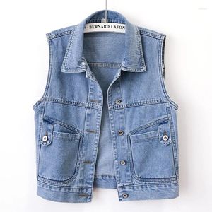 Women's Vests Vintage Light Blue Short Denim Vest Women Spring Summer Korean Slim Sleeveless Jeans Coat Female Cowboy Waistcoat Veste Femme