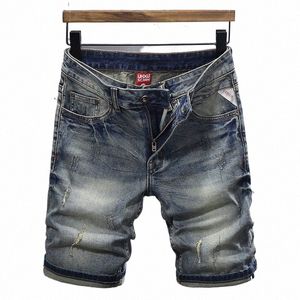 FI Designer Short Jeans Men High Quality Retro Blue Stretch Slim Fit Ripped Jeans Summer Casual Vintage Denim Shorts Hombre N5FW#