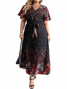 Elegante plus size casual dres mulher 2023 verão v pescoço manga curta floral impressão lg dr preto curvy tamanho roupas femininas e4wc #