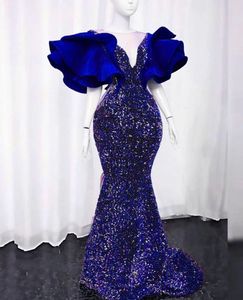 2024 Royal Blue Lantejoulas Prom Party Dress V-Neck Ruffles Mangas Puffy Sereia África Noite Formal Vestidos de Aniversário Meninas Negras Robe De Soiree