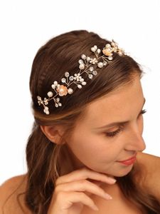 trendiga bröllop hår accores guld rhineste pannband brud huvudbonad brud tiara prom pärla hår smycken handgjorda huvudstycke e33e#