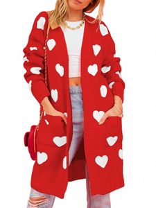 Kobiety otwarte frt swetry swetry dasowe kardigany z drukiem serca z kieszeniami ciepłe jesienne dzianiny na streetwear s9x4#
