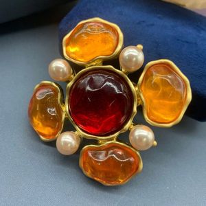 Vintage französische leichte Luxus-Brosche aus orange-rotem Gelee-Glas, vergoldete Blume, große Corsage, Broschen-Accessoire 240315