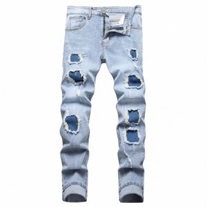 Män stretch mager denim rippade jeans 2024 Nya hösten vinter män klassiska blå denim pants män street smal fit rak jeans v2d0#