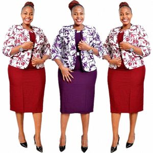 Plus -storlek African Style Floral Print Office Ladies Coat and Dr Suit for Women T7p8#