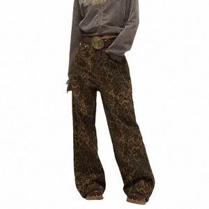 tan Leopard Jeans Women Denim Pants Female Oversize Wide Leg Trousers Streetwear Hip Hop Vintage Clothes Loose Casual L3Lj#