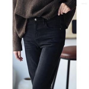 Kvinnors jeans micoco n1062c koreansk tvätt vit enkel svart smal rakt ben hög midja plus fleece