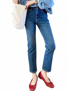 högkvalitativ mörkblå byxor 2023 chic hög midja rak ben ankel längd jeans byxor jeans koreanska dgdaemun fi n49c#