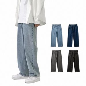 Coreano Fi Homens Baggy Jeans Clássico All-Match Cor Sólida Perna Reta Denim Calças Largas Masculino Luz Azul Cinza Preto H5uv #