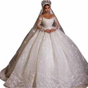 Princ Wedding Dres mousserande bollklänning pärlstav applikationer tyll lg ärmar elegant brud äktenskap kvinnor kläder skräddarsydd x0cz#