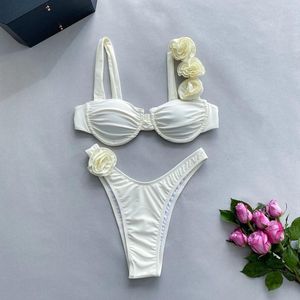 Women's Swimwear Sexy Solid 3D Flower Split Women 2024 Push Up Bikini Mini Bathing Suit Black Red White Swimsuit Sets
