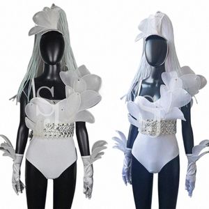 Bar Boate Ds Dj Gogo Dancer Trajes Branco Bodysuit Headwear Sexy Party Jazz Roupas Performance de Palco Rave Outfit XS7488 U7Za #