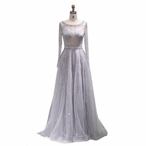 Shar powiedział luksusowy Dubai Sier Grey Evening Dr for Women Wedding Party Elegancki LG Rękaw z koralikami muzułmańskimi Suknie SS304 P4cz#