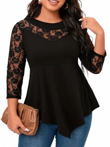 LW Plus Size Women's Casual Autumn Lace Patchwork Solid Color Fible Regular LG Sleeve Daily Nice Black T-Shirt R982#