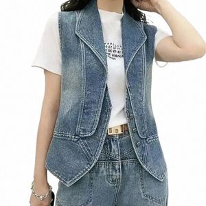 Casual Weibliche Tops Frauen Denim Weste Frühling Herbst Kleidung Sleevel Jacke Einreiher Kurze Westen V-ausschnitt Blau 5XL x49v #