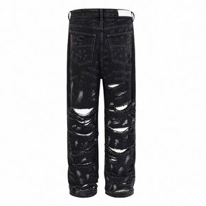 graffiti Printed Ripped Jeans Pants Men Harakuju Hip Hop Streetwear Denim Trousers Black z2cG#