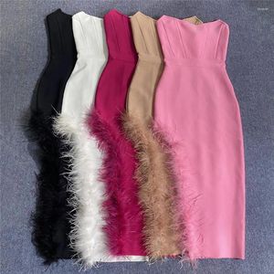 Vestidos casuais mulheres bandagem vestido sem alças perna aberta com peludo longo elegante elástico celebridade noite festa de baile vestidos de casamento convidado