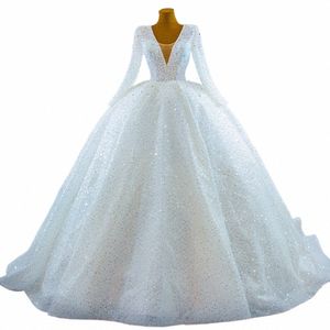 Traugel Ball Suknia Princik Wedding Dres O-Neck LG Sleeve Vestido de Novia Krytyk Kryształ Urocze Błyskawiczna Szata de Mariee D1N0#