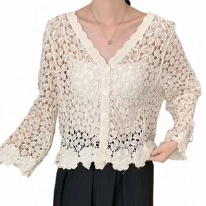 Top da donna all'uncinetto con maniche Lg Butt Frt Fr ricamo Cardigan bianco a maglia aperta scavato Abbigliamento da spiaggia estivo o8hP #