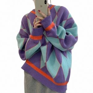 mexzt streetwear argyle tröja kvinnor överdimensionerade rutiga stickade tröjor vintage koreanska lösa stickade hajujuku casual jumper ny g0pc#