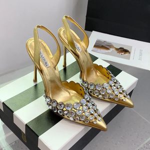 2024 Décolleté impreziosite da cristalli Sandali con tacco a spillo per donna tacco Luxurys Designer Scarpe eleganti scavate Sandalo da sera con cinturino alla caviglia