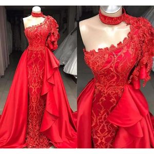 Mermaid Red One Shoulder Prom Dresses Lace Appliques Beaded With Detachable Skirt Long Evening Gowns BC