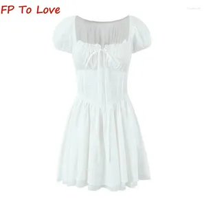 Casual Dresses Y2K Summer Holiday Style Sexy Fishbone Waist Slimming Halter Dress White Pure Wind Tie Bubble Sleeve