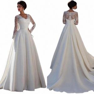 modest Lace Appliqued A-line Satin Wedding Dr V Neck Sheer Back Lg Sleeve For Women Princ Robe de Mariee Customize 2022 Q8Fl#