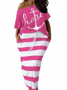 Plus-storlek Casual Outfits Set, Women's Plus Anchor Letter Print Kort ärm T-shirt Strip Slim Fit kjol 2st, kvinnor PLU U7PC#