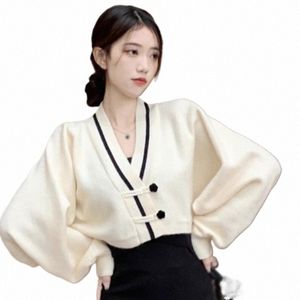 Cardigan de malha vintage feminino decote em v suéter recortado casacos coreano elegante manga morcego bunda chique jaquetas de malha A8Fu #