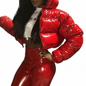 Kvinnor Winter LG Sleeve Zipper Puffer Jacket Stand Collar Shiny Metallic Faux Leather Cropped Puffy Bubble Coat quiltade Parkas F32O#