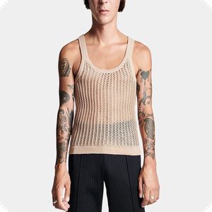 Summer Casual Hollow Out Solid Color Tank Tops Mens Fashion Loose Crew Neck Sleeveless Vest Men Sexig Camisole Streetwear 240321