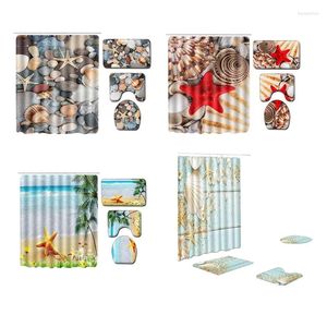 Shower Curtains 4Pc Ocean Series Bathroom Rug Curtain Skidproof Toilet Non-Slip Set 6X Hooks