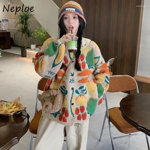Women's Knits Neploe Thicked Warm Loose Knitted Cardigan 2024 Autumn O-neck Cotton Sweaters Coat Heavy Print Long Sleeve Cardigans