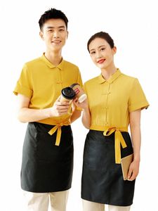 コーヒーショップ短袖ユニセックス作業服ケータリングファーストフードレストランウェイターサマーイエローシャツ+APRセットホテルユニフォーム931Q＃