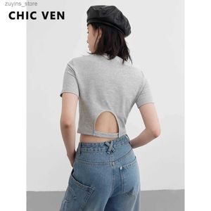 Koszulka damska Chicka Ven Korean Kobiety Krótkie koszulki Seksowne z tyłu puste lady w kształcie litery U krótkie rękawie Slim Fit Crop Top Summer 202324329