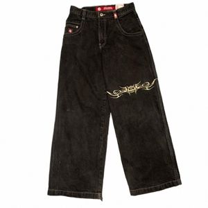JNCO Jeans Y2K Hip Hop Graphic Print Gothic Black Worbgy Dżinsy Retro Pants Men Kobiety Nowe streetwear High talia szerokie spodnie nogi W4L9#